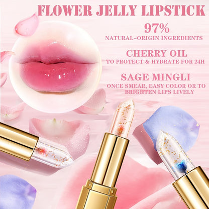 Color Changing Lip Gloss Set 3 Pcs - Temperature Magic Pink Tint, Crystal Jelly Balm & Lipstick Combo, Plant Squalane Moisturizing, Natural Hydrating Lip Makeup, Valentine's Day Christmas Gift
