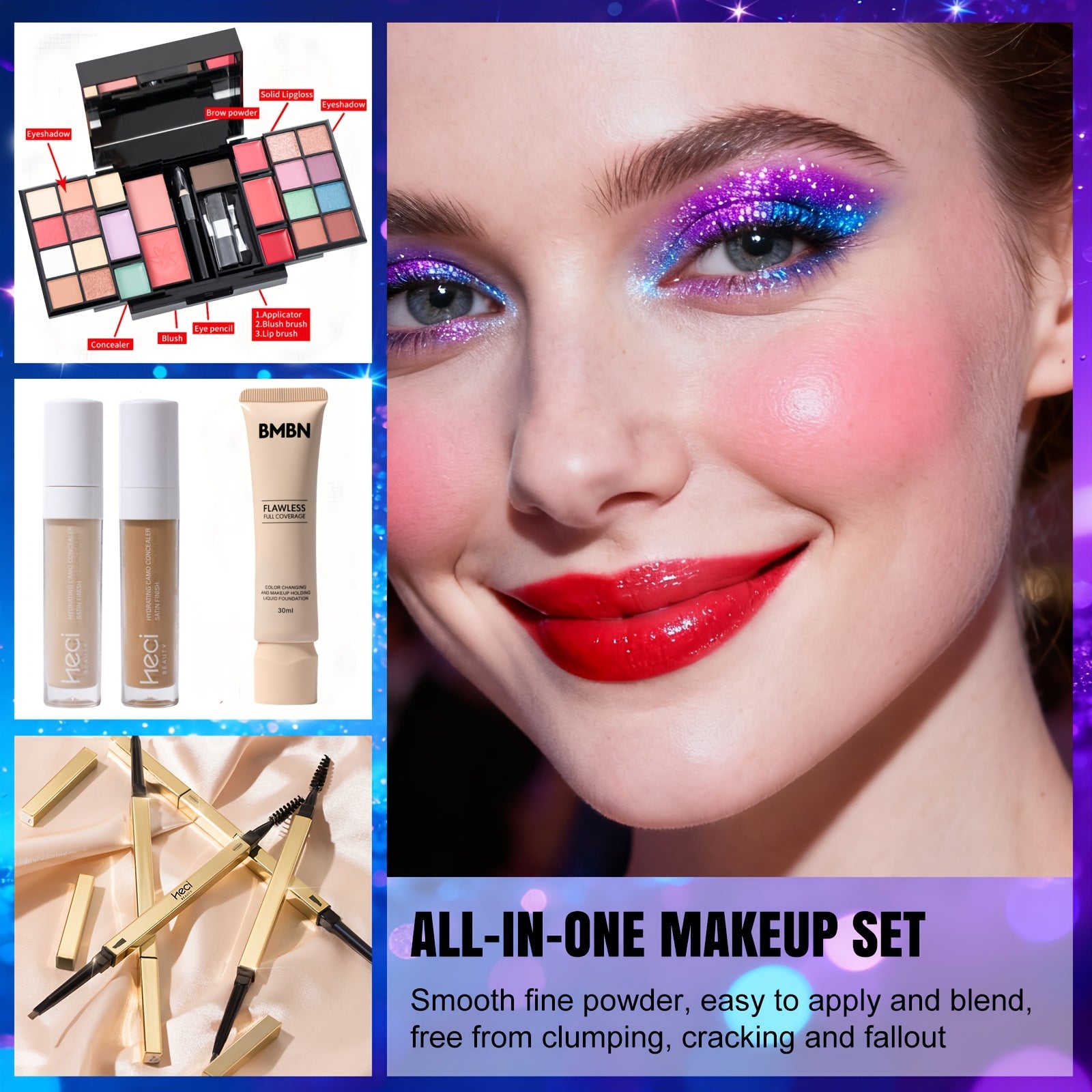 Silvery Multi-functional Makeup Kit, Premium Gift Box With Makeup Tools, Mirror, Lipstick, Eyeshadow, Blush, Portable & Long-Lasting In Multiple Shades, Suitable For Beginners, Teenagers, Perfect Gift For Valentine'S Day/Carnival/Back To School