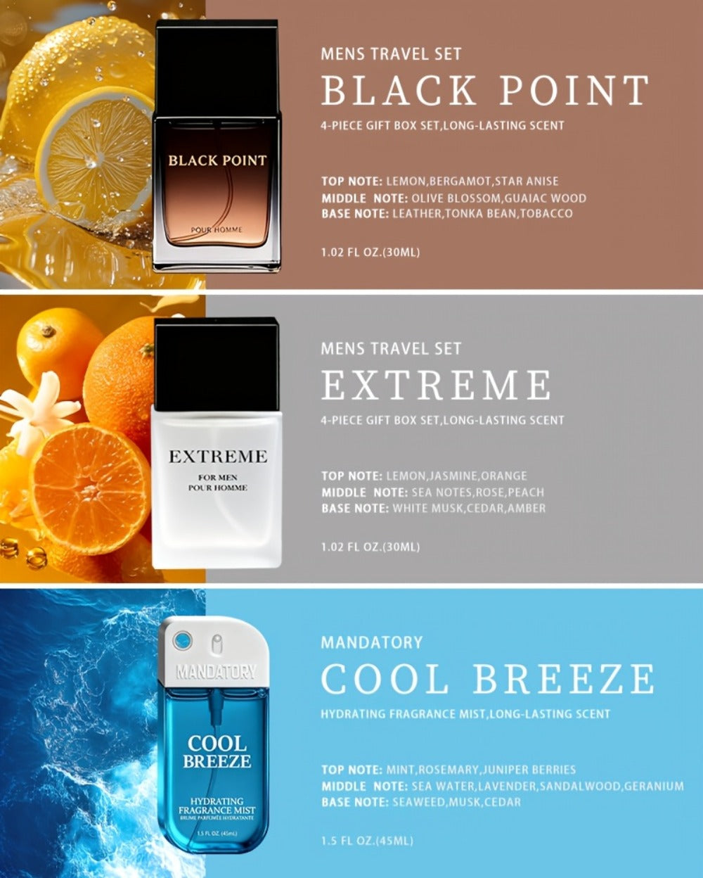 Cologne Gift Set for Men 4-Pack Fresh Eau de Parfum Long Lasting Crisp Scents 1 fl oz Each with Optional 1.5oz Body Mist Bundle Perfect Gift for Him