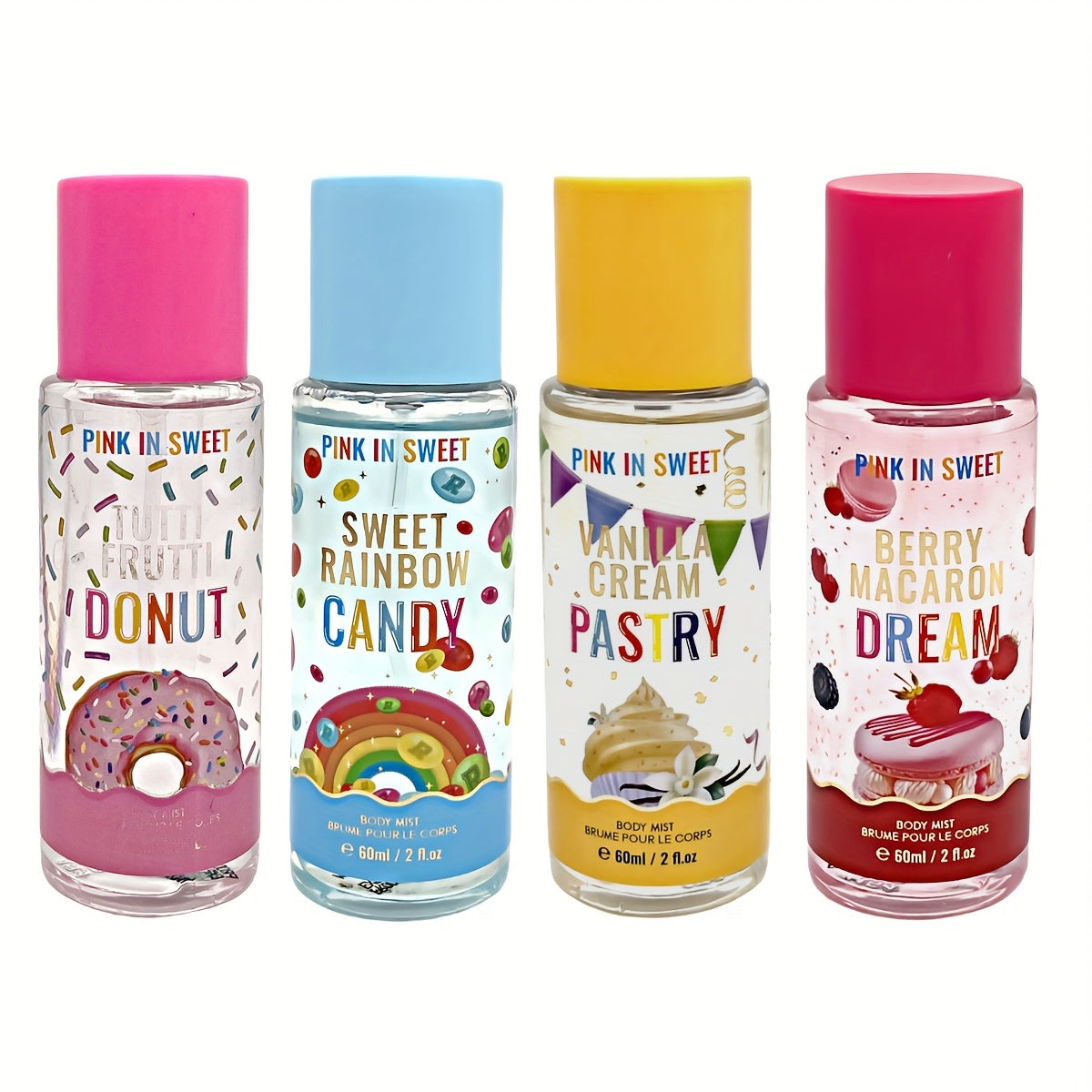 4pcs Gift Set - Women Body And Hair Spray 2Fl.Oz Each - Sweet Fragrance Perfume Spray Long Lasting Fresh Scent Fragrance Date Party And Gift