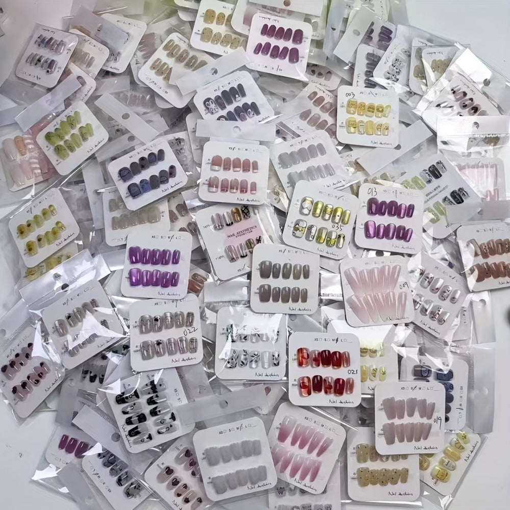 288pcs Mixed Color Square Patch Nails Set, Elegant White French Stripes, Brown, Blue, And Purple Gradient Glitter Design, Reusable Fake Nails for Fashion Manicures, Perfect for Valentine's Day, Easter, Christmas