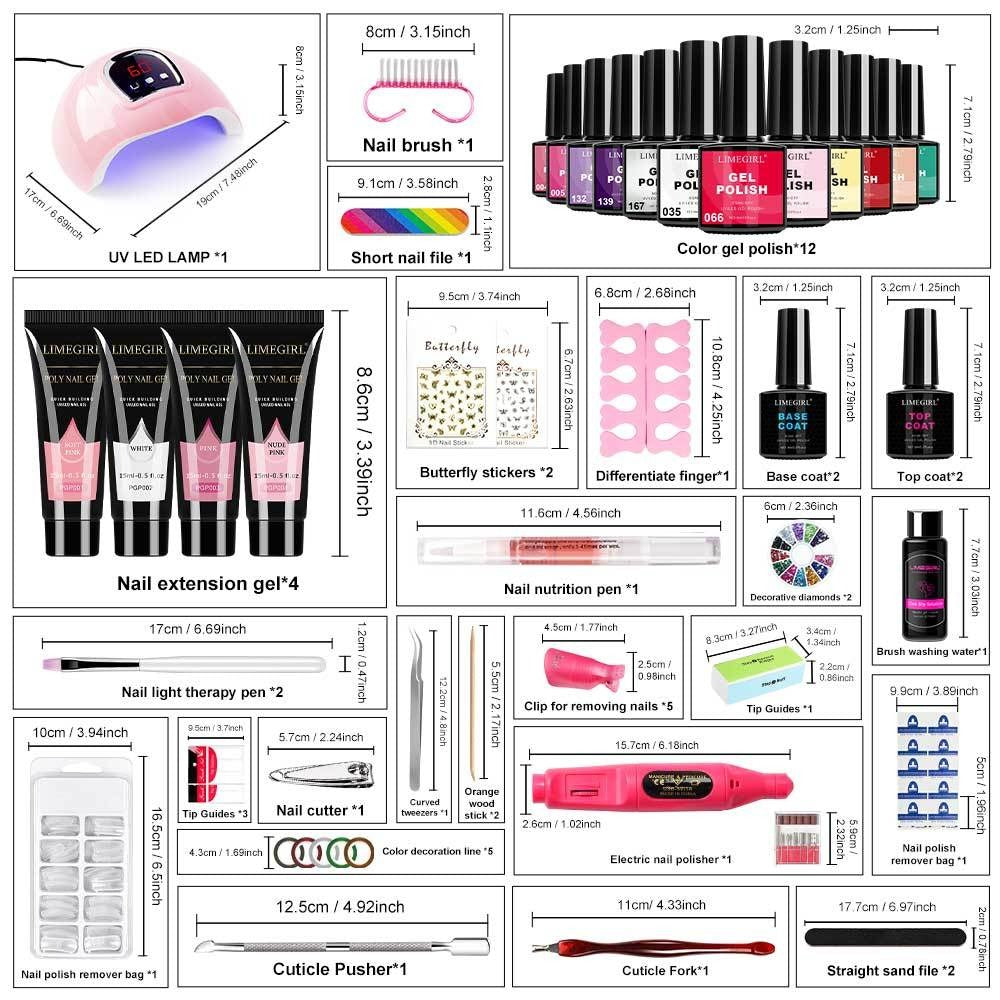 New Year 12 Colors Gel Nail Polish Kit with Nail Lamp Electric Nail Drill, 4 Colors Poly Extension Gel Nail, Nail Cutter, Nail Glitter, Top Coat Base Coat, Nail Art Design Gel Kit Valentine's Day Gift