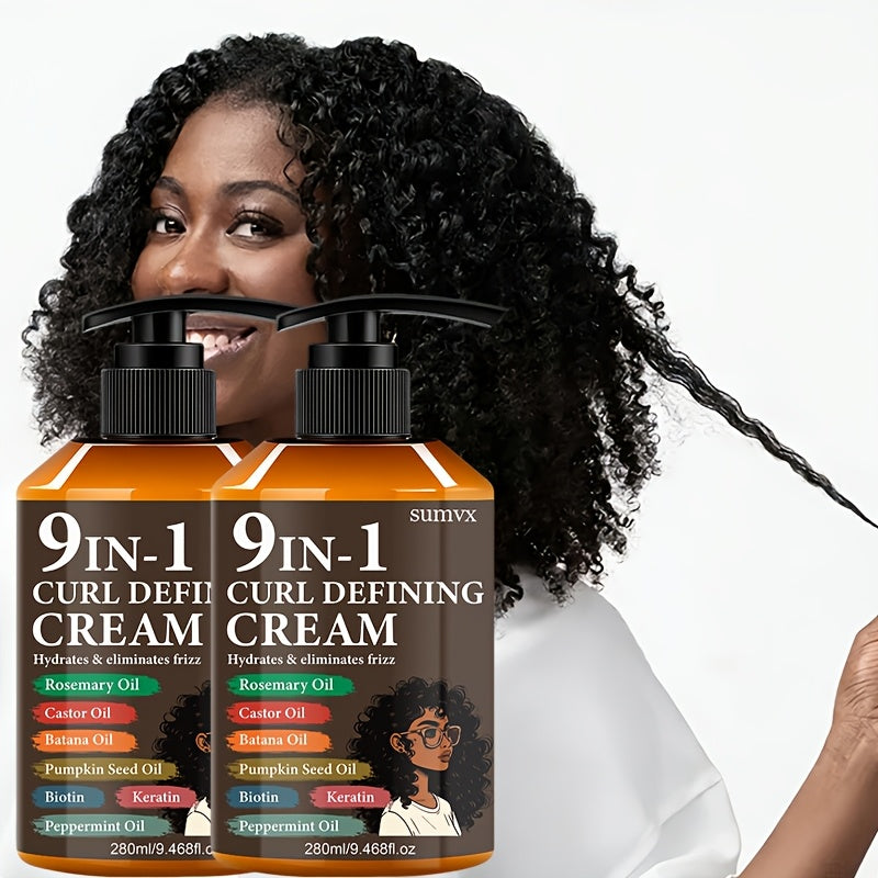 2pcs-9.468fl.oz, 9-in-1 Curl Defining Cream | Moisturizing, Adult Curl Styling Cream | 1 Bottle, Long-lasting Hold, Frizz Control, Non-greasy, for Styling Normal, Wavy And Curly Hair, Stylish Bottle Design, Suitable for Both Men And Women.