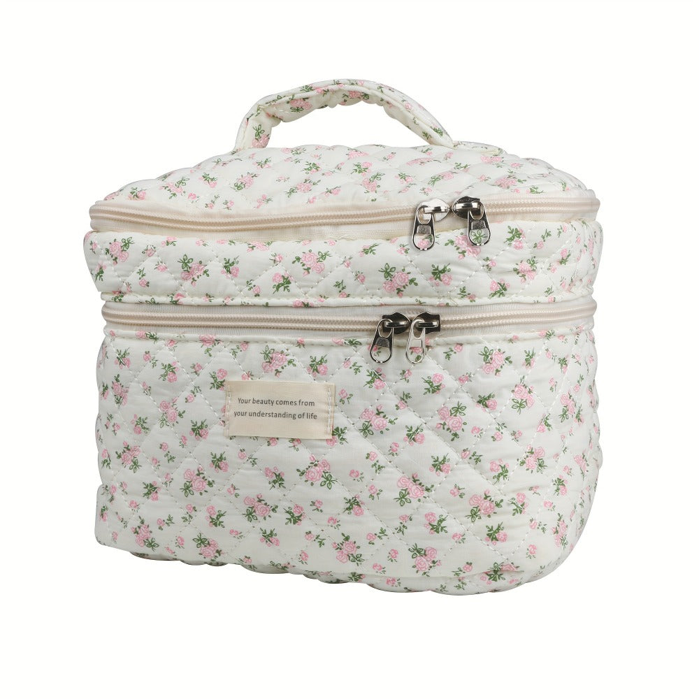 Large Capacity Dual Layer Cotton Makeup Cosmetic Bag (3PCS), Cute Quilted Travel Coquette Aesthetic Floral Make up Bag for Women Toiletry Bag