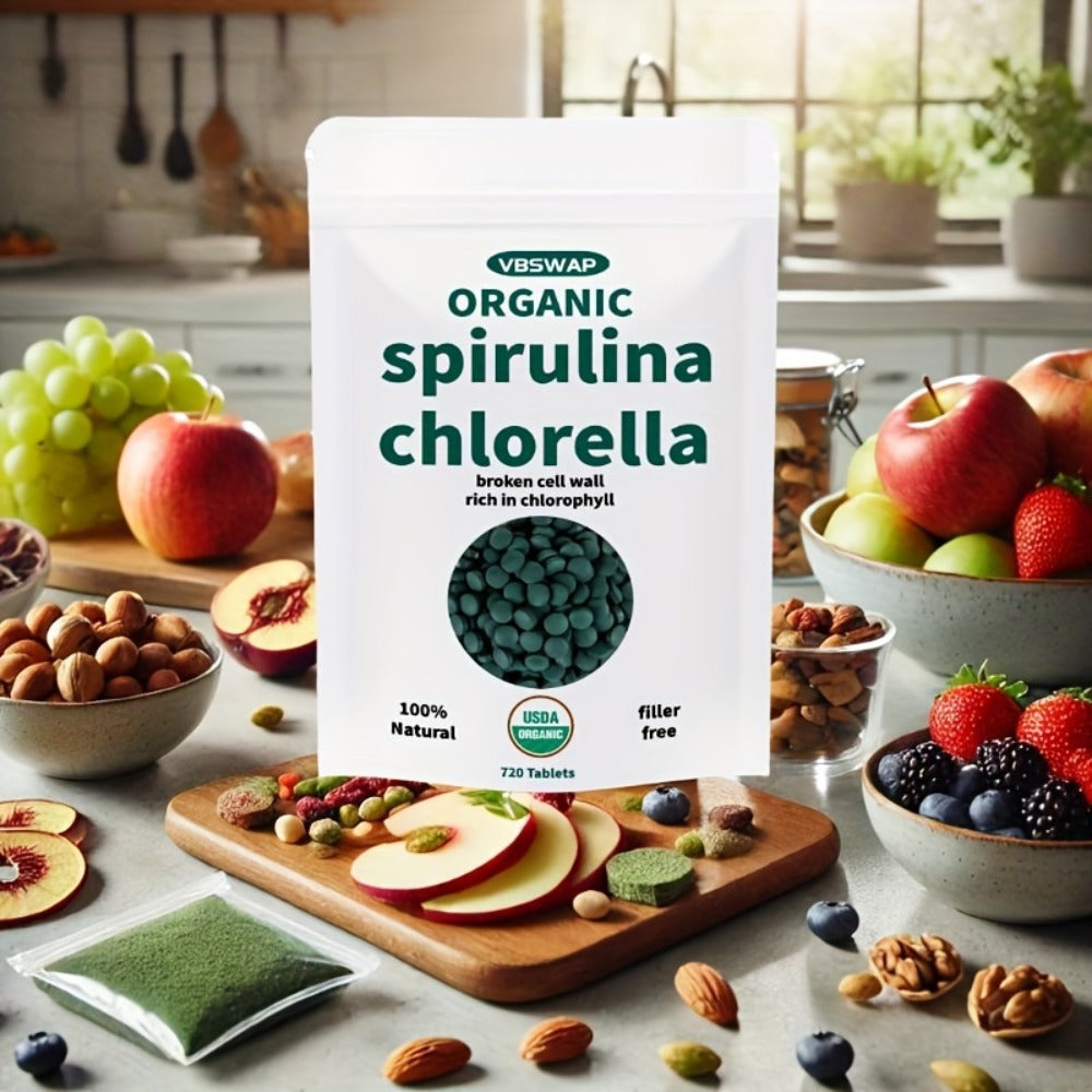 Organic Chlorella Spirulina Tablets, 720 Counts, 4 Months Supply, 50/50 Blend Superfood, No Filler, No Additives, Cracked Cell Wall, Rich In Vegan Protein, And Easy to Swallow.nutritional Supplement for