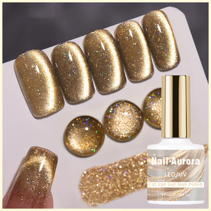 Cat Eye Gel Polish Shooting Star Golden Glitter – Ultra-Bright Vivid Dazzling Light-Shifting Effect, Salon-Grade LED/UV Soak-Off High-Gloss Nail Art Gel for Women Home & Salon Manicure