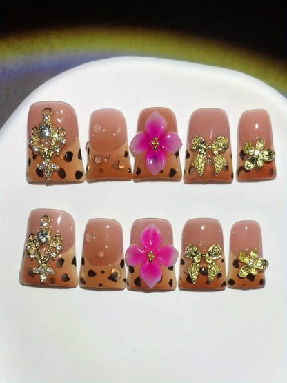 5D Carved Press On Nails 10pcs Duckbill Shape Medium Length Brown Pink Gradient Flower Milk Pattern Glossy Handmade Autumn Winter Fake Nails Salon Quality UV Protected for Party Banquet Birthday Gift