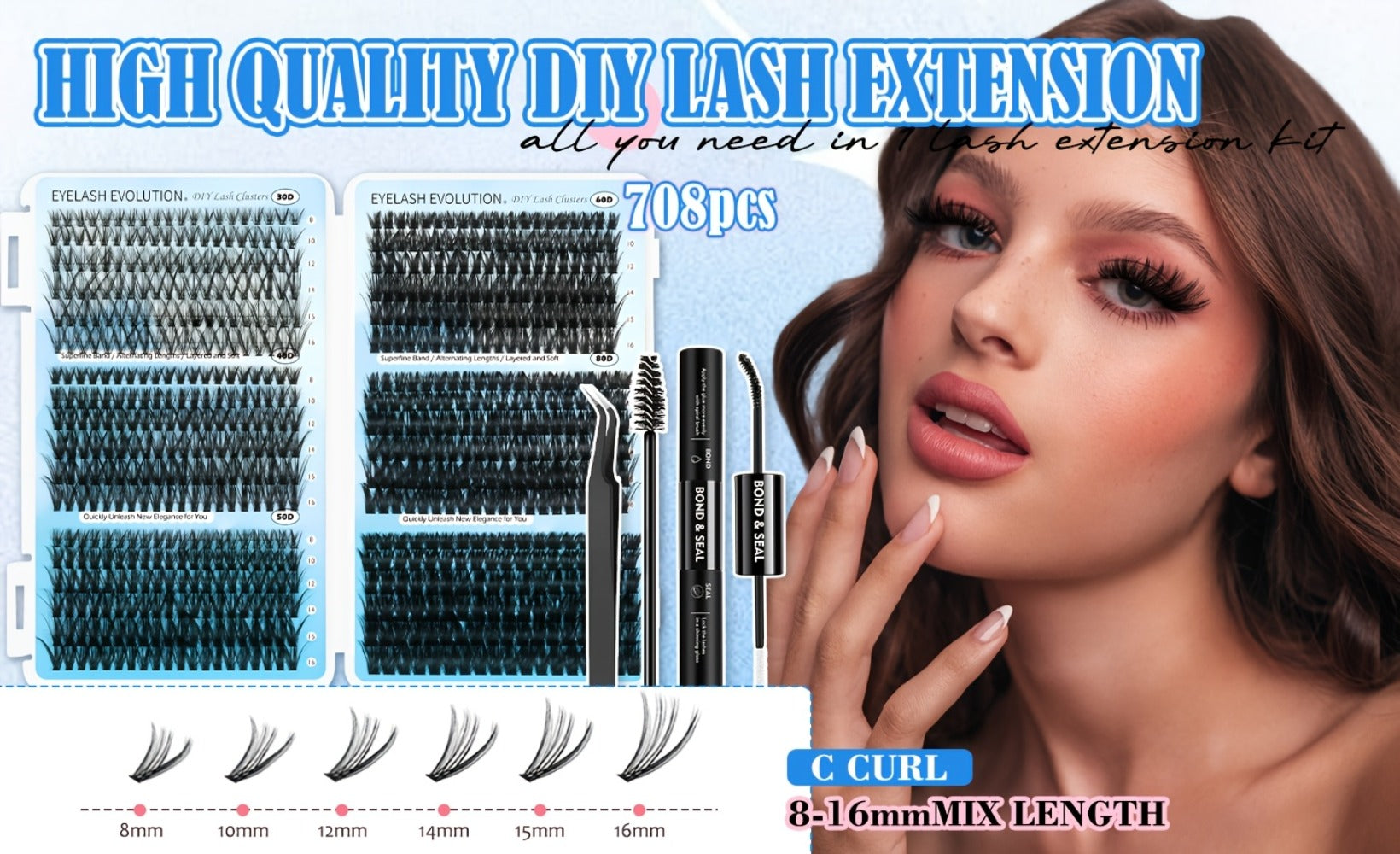 Lash Clusters Kit 720pcs Clusters Lash Extension Kit 30D-100D Eyelash Extensions Kits C Curl Individual Wispy Lashes Cluster Natural Eye Lash Trays With Glue&Tweezers For Beginners