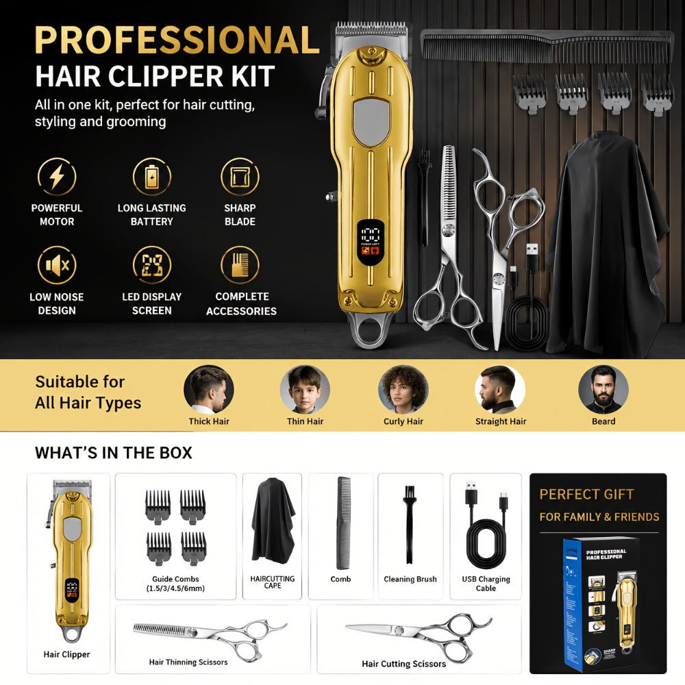 Professional Men's Hair Clipper Set with Digital Size Adjustment & USB- Clippers - Complete Kit with Scissors, 4 Limit Combs & Cleaning Brush - Barber Kit for Dad, Husband, (Ideal Gift)
