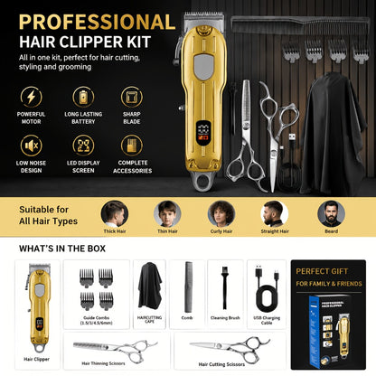 Barber Hair Clipper Kit for Men Professional USB Rechargeable Digital Size Adjustment Complete Set with Scissors 4 Limit Combs Cleaning Brush Gift for Dad Husband