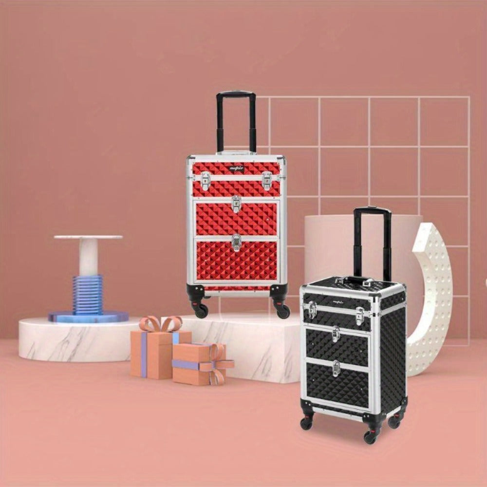 OmySalon Aluminum Rolling Makeup Train Case, Portable Makeup Organizer Suitcase, Cosmetic Storage Box, Travel Beauty Luggage Trolley Lockable W/4 Removable Wheels & 2 Sliding Drawers, Valentines Day Gift for Her (Black), Valentine's Day And Other Festival