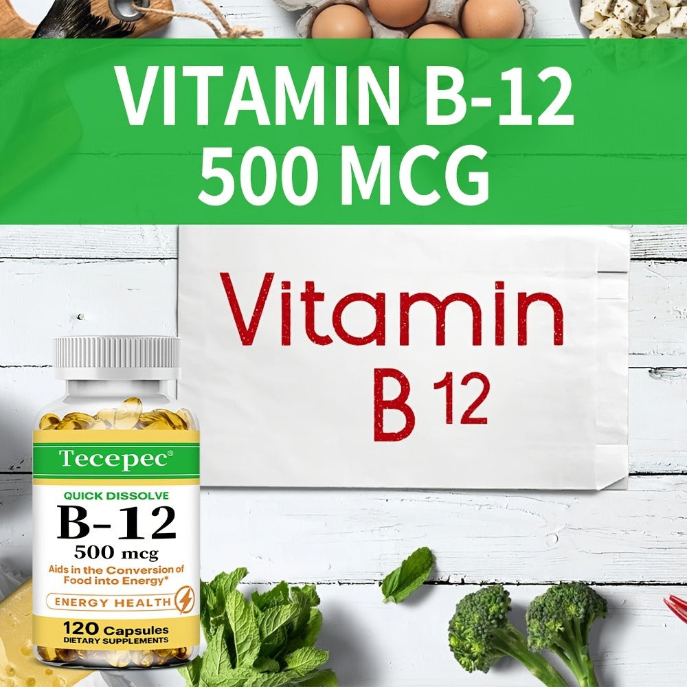 Vitamin B12 Dietary Supplement - 500 Mcg Per Serving, Premium Formula - Supports Nervous System And Cardiovascular Health - Supports Nutrient Absorption And Daily Vitality - Suitable For Men And Women - 120 Capsules