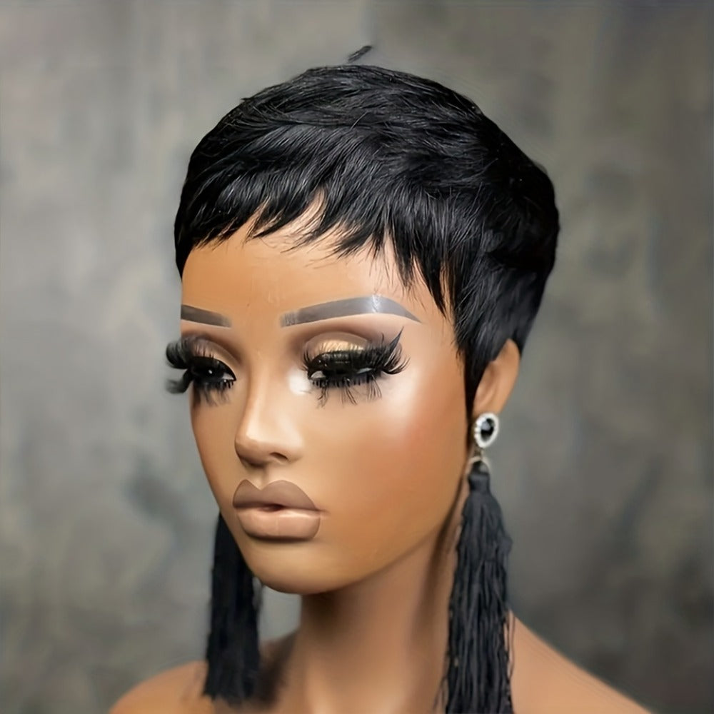 1pc Unisex Adult Black Pixie Cut Wig - 150% Density Straight Human Hair, Glueless Rose Net Cap, Layered Short Style for Daily And Special Occasions