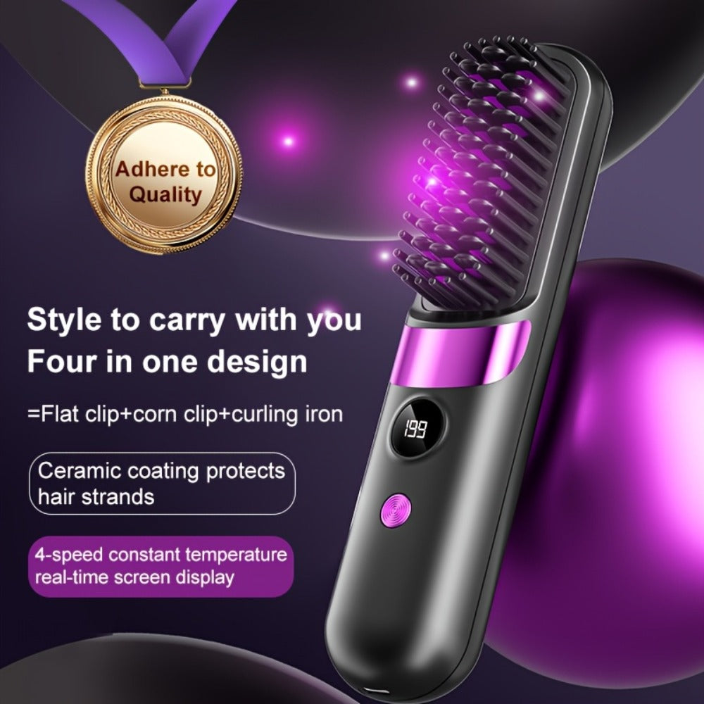 Cordless Hair Straightening Brush Portable Heated Straightener Comb USB Rechargeable Mini Travel Hair Straightener with Heat Protection for Women Men Beard Daily Use Gift