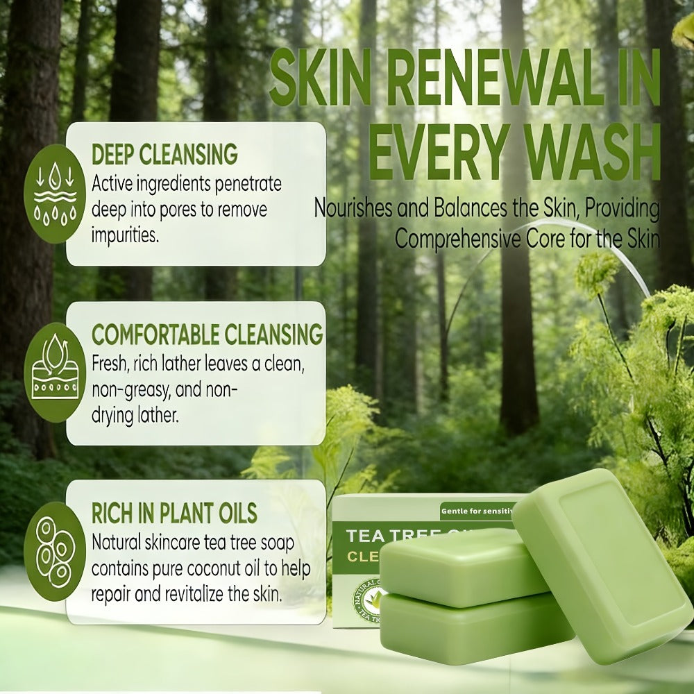 3pcs Tea Tree Plant Essence Handmade Soap, Cleanses The Skin With A Strong Fragrance.