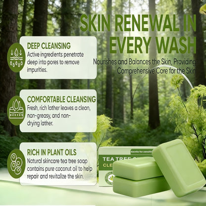 Tea Tree Soap 3 Pack Handmade Plant Essence Bar Soap - Deep Cleansing Antibacterial Pore Purifying Natural Fragrance Face Body Wash Soap for All Skin Types