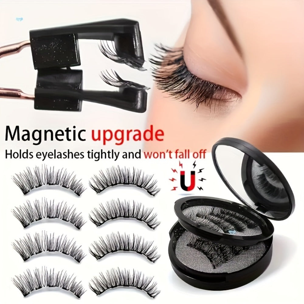 8 Pairs of Natural Glue Free 3D False Eyelashes, No Eyeliner, Reusable Dual Magnetic False Eyelashes Set, with Clip, Reusable, Waterproof, Glue Free, Easy to Wear At Christmas, Ladies Gift