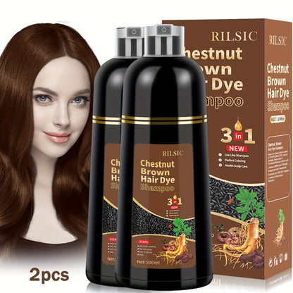 Hair Dye Shampoo 2 Pack Grey Hair 3-in-1 Herbal Plant-Based Squalane Colors in Minutes Kit with Gloves Earmuffs Headgear Shawl Black Brown 500ml Each