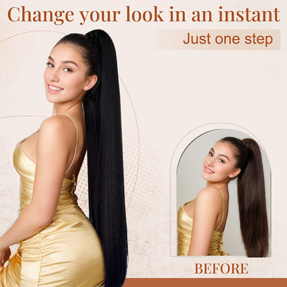 Straight Ponytail Extension 34 Inch - Ribbon Wrap Long Sleek Hairpiece High Temperature Fiber for Women Daily Wear Festive Occasions Mixed Brown Linen Champagne Olive