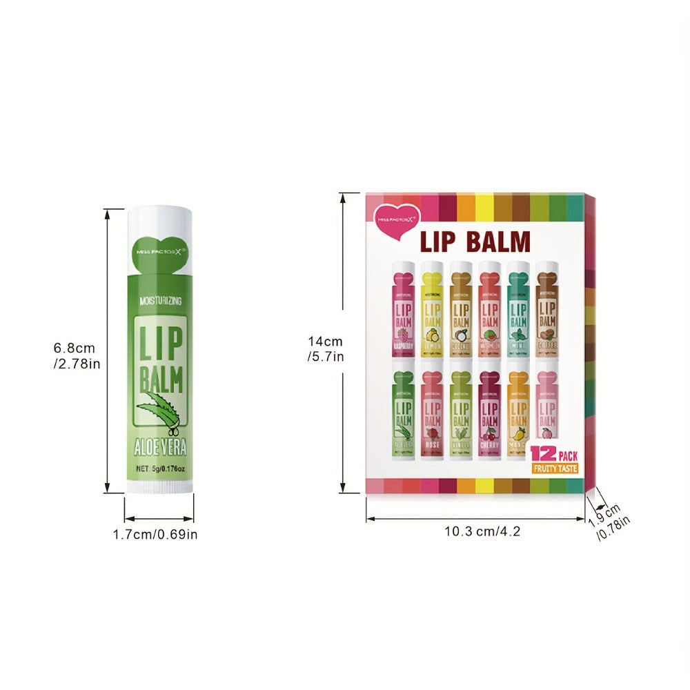 12pcs MISS FACTORX Lip Balm Set, Hypoallergenic Glycerin-Infused Moisturizing Lip Butters, Unisex Adult Lip Care Collection, with Glossy Finish, for All Skin Types, Perfect Gift for Women on Valentine's Day