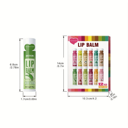 Lip Balm Set 12 Pieces - Fruity Scent Hydrating Lip Butter, Hypoallergenic Glycerin Formula, Glossy Finish for All Skin Types, Unisex Valentine Gift for Women