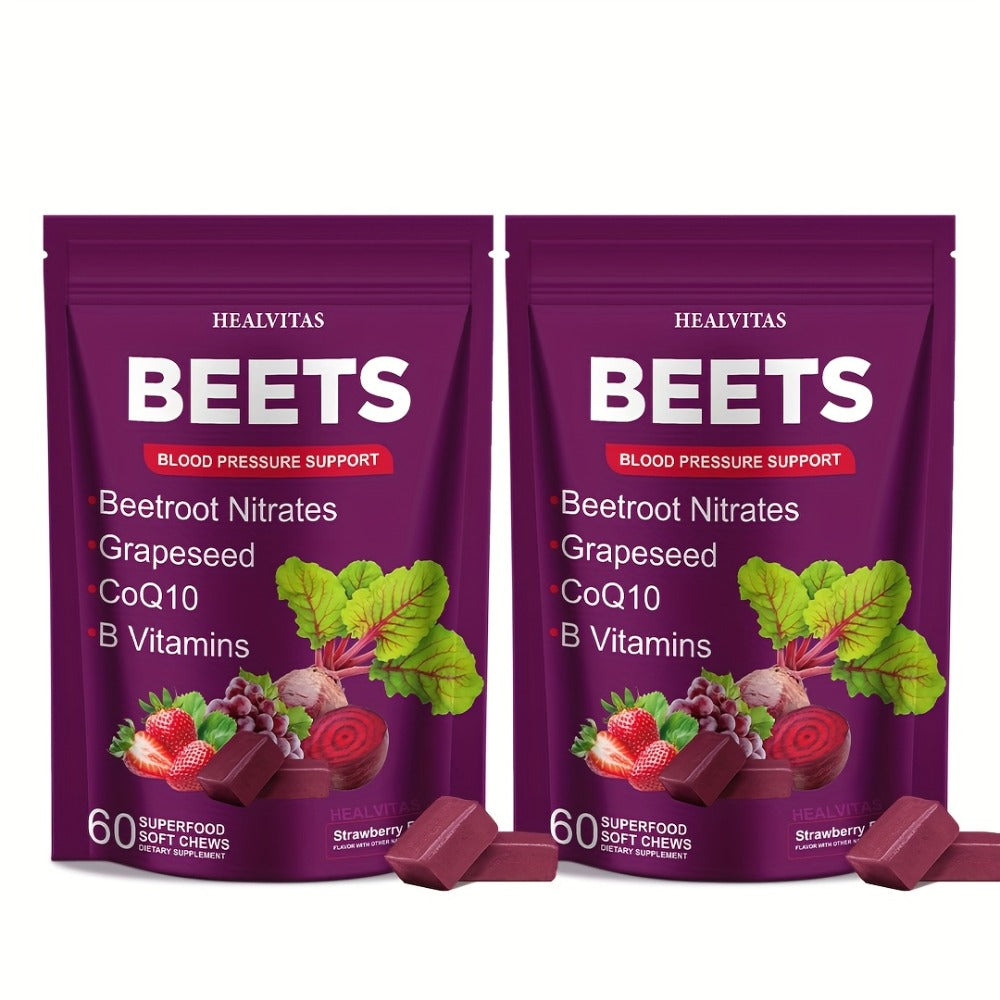 Super Beets All-in-One Beet Root Gummies & Chews - Beet Powder with Vitamins B12/B6, CoQ10 & Grapeseed - Heart Health Support, Blood Pressure Health Supplement, Blood Flow Booster - Chewable Vitamins for Blood Pressure Support 1pc/2pcs/3pcs
