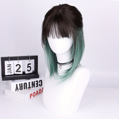 Synthetic Bob Wig with Bangs Ombre Color — 150% Density, Short Straight, Rose Net Cap, Brown Black with Wine Red, Pink or Green, 16 Inch, Halloween Cosplay Party
