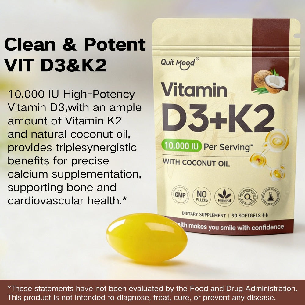 Vitamin D3 10000 IU and Vitamin K2 200 mg: Promote calcium absorption and maintain bone and heart health. Extra virgin coconut oil softgels - 90capsules.