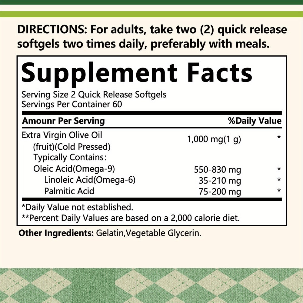Capsules of Extra Virgin Olive Oil - Containing Omega-9, Omega-6, And Palmitic Acid, Cardiovascular Wellness - High-Quality Supplement - 120pcs