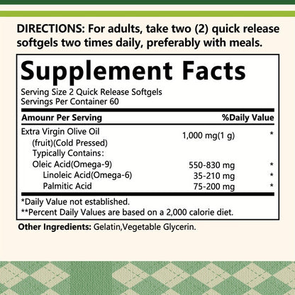 Extra Virgin Olive Oil Capsules 120 Softgels with Omega-9 Omega-6 & Palmitic Acid — Heart Health Cardiovascular Wellness & Antioxidant Support Supplement for Women and Men | 1 or 2 Bottle Options