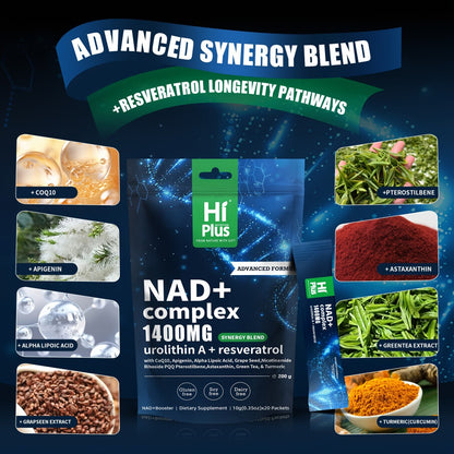 NAD+ Supplement 1400mg Liposomal with Nicotinamide Riboside PQQ & Trans-Resveratrol – Cellular Energy, Focus & Antioxidant Support | HiPlus Berry Flavor Portable Sachets (20 or 40 Packs)