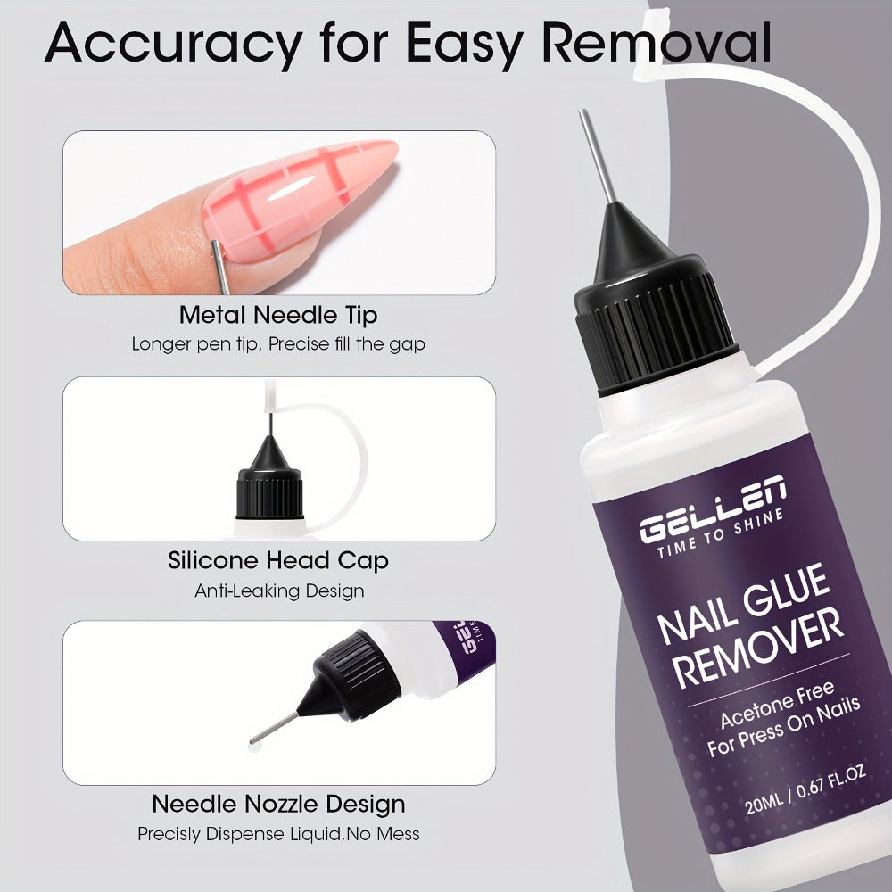 Nail Glue Remover 20ml with Precision Needle Applicator - Acetone Free Non-Irritating Formula for Press On Nails Gel X & Nail Tips - Fast Acting No-Mess Fake Nail Glue Remover for Women