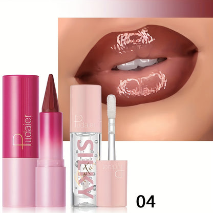 Lip Liner & Lip Oil Duo - Precision Tip Lipstick Glossy Finish Nourishing Hydrating Long-Lasting Silky Smooth Lip Color Set for Women Daily Glam