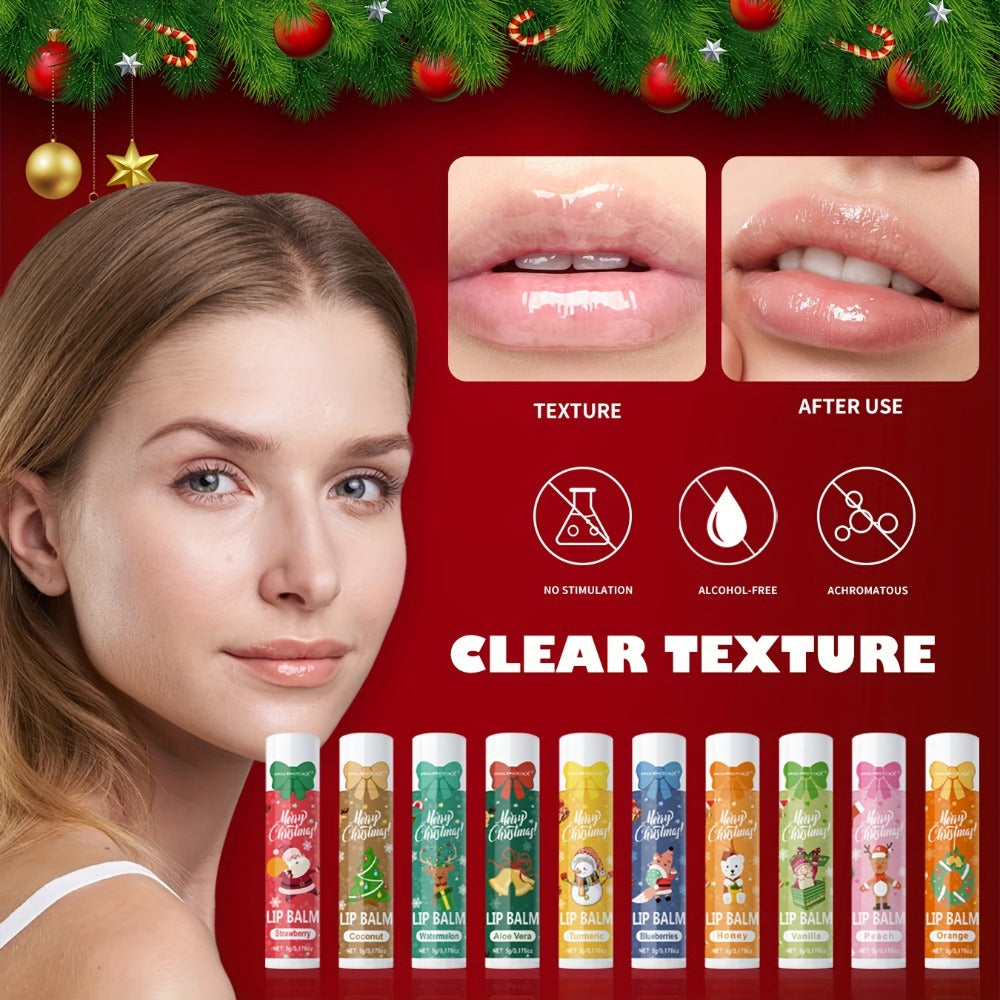 Lip Balm Set 10-Pack Christmas Gift — MISS FACTORX Moisturizing Lipstick Collection with Vitamin E, Natural Look, All Skin Types, Holiday & Valentine’s Day Gift for Women