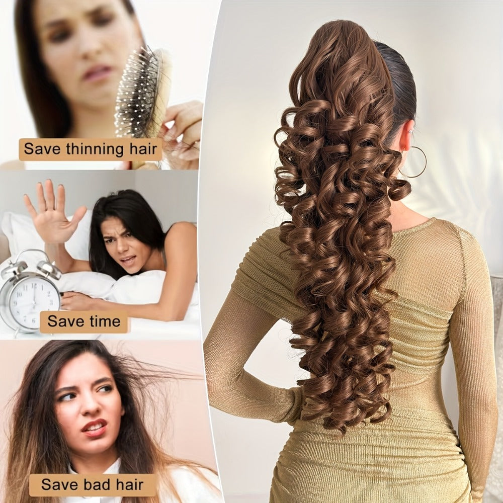 Ponytail Extension Curly 28 Inch Long — Heat Resistant Synthetic Clip In Wrap Around Hairpiece, Voluminous Bouncy Curls for Women Everyday Wear Parties Festivals