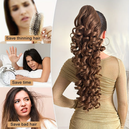 Ponytail Extension Curly 28 Inch Long — Heat Resistant Synthetic Clip In Wrap Around Hairpiece, Voluminous Bouncy Curls for Women Everyday Wear Parties Festivals