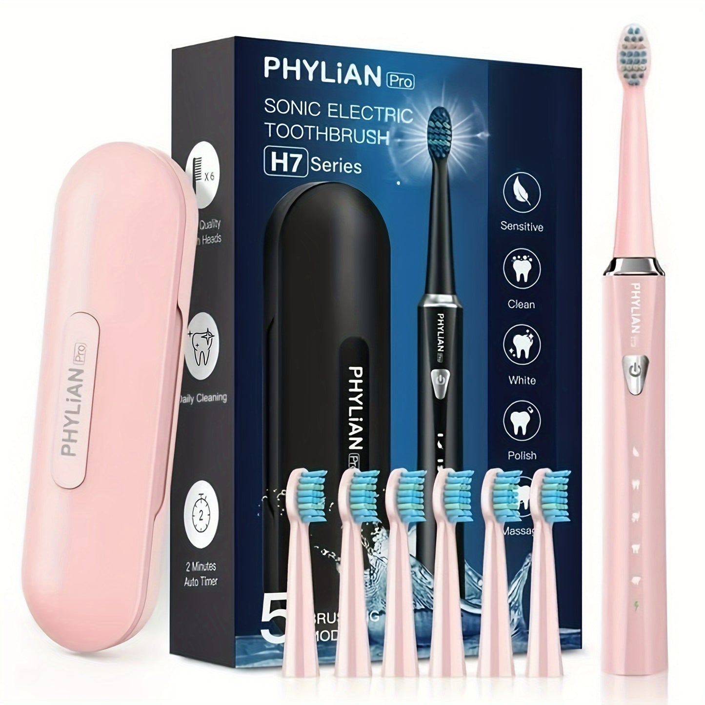 Electric Toothbrush for Adults Sonic Rechargeable 5 Cleaning Modes 6 DuPont Brush Heads 40000 VPM 120-Day Battery 2-Minute Smart Timer Whitening Sensitive Polish Massage USB Charge Travel Ready