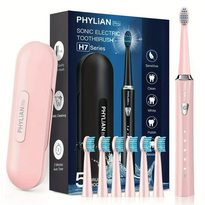 Electric Toothbrush for Adults Sonic Rechargeable 5 Cleaning Modes 6 DuPont Brush Heads 40000 VPM 120-Day Battery 2-Minute Smart Timer Whitening Sensitive Polish Massage USB Charge Travel Ready