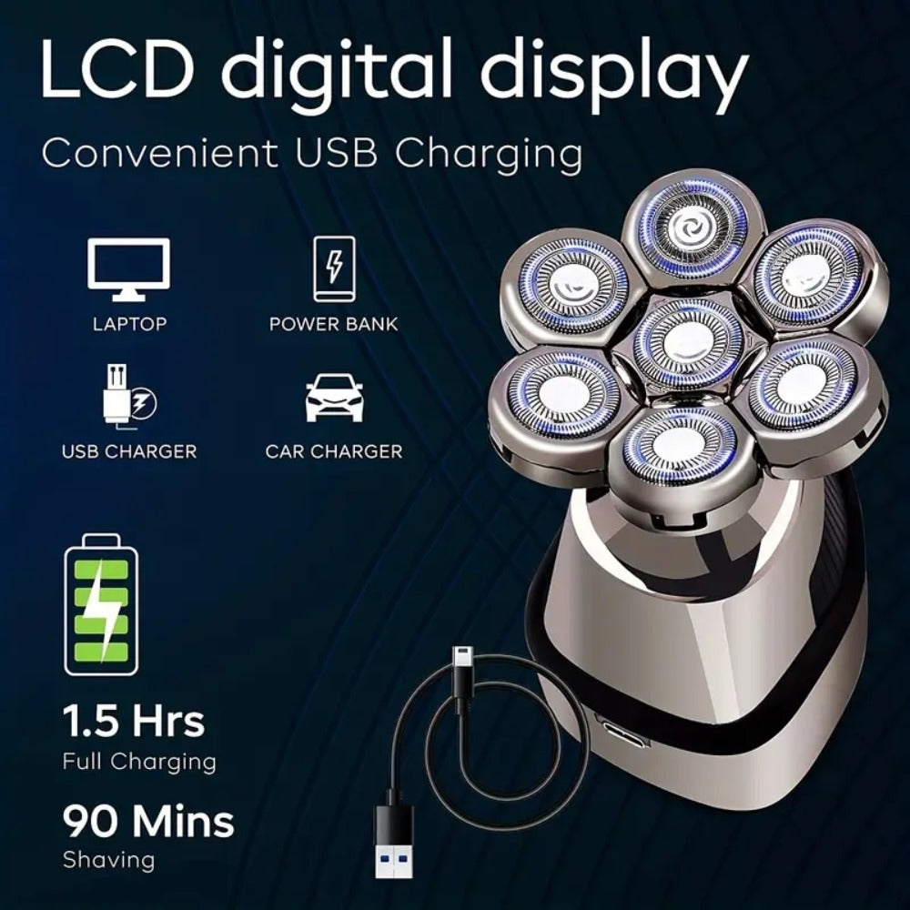 Men's Electric Nine-bit Bald Head Machine, USB Charging, Optional Five-in-one Suit Consisting of Cleanser, Hair Clipper, Cleaning Brush and Nose Hair Cleaner, a Set of Multi-purpose, Suitable for Personal Use or Gift Giving.
