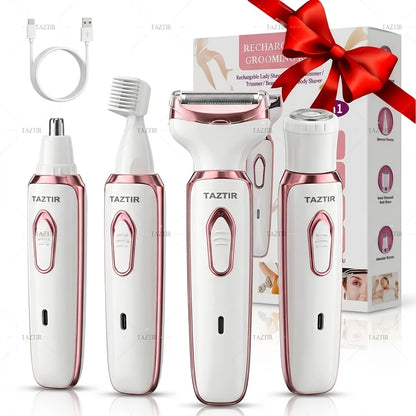 Electric Razor for Women 4-in-1 Rechargeable Grooming Kit - Lady Shaver Bikini Trimmer for Face Nose Legs Underarm Wet Dry Painless Hair Removal Portable Gift Set