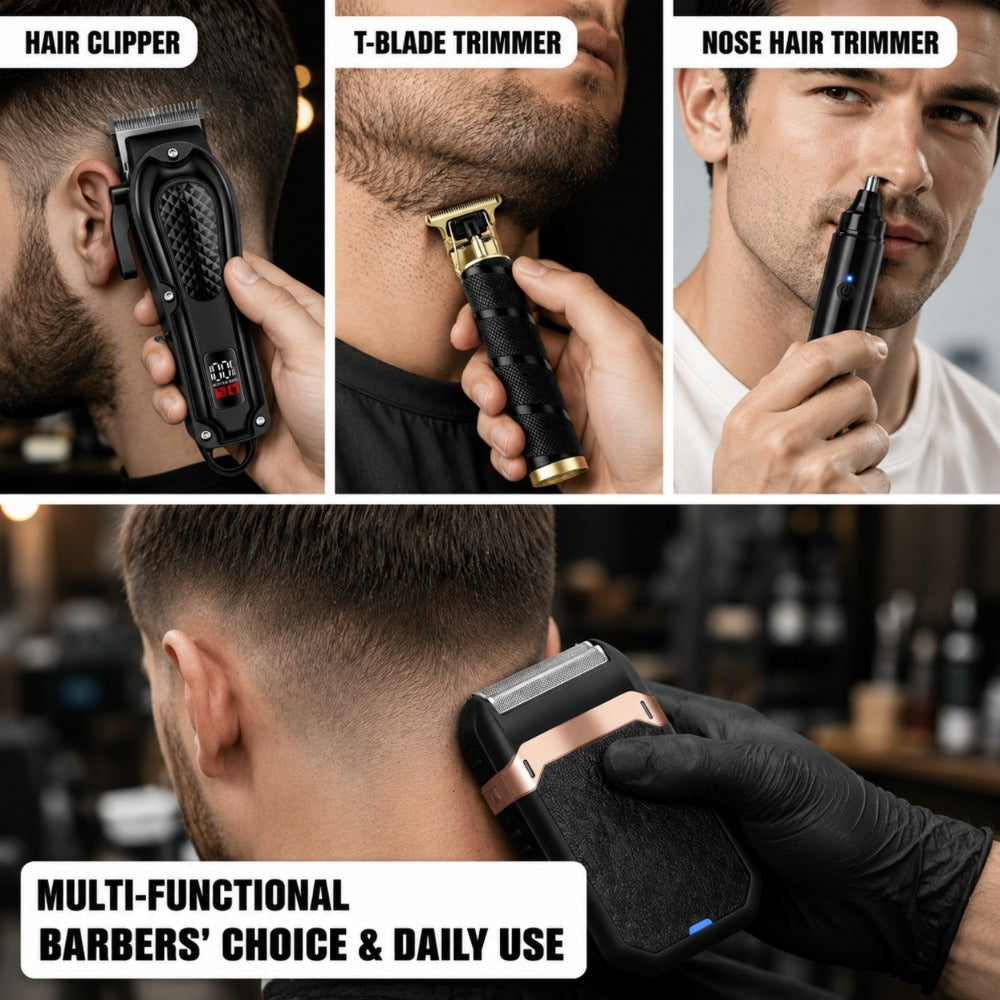 [USB Rechargeable] Professional Men's Grooming Kit, Rechargeable Hair Clipper And Beard Trimmer Set with Guide Combs, Nose Trimmer, Electric Shaver, USB Charging Cable, Haircut And Styling Tool for Men