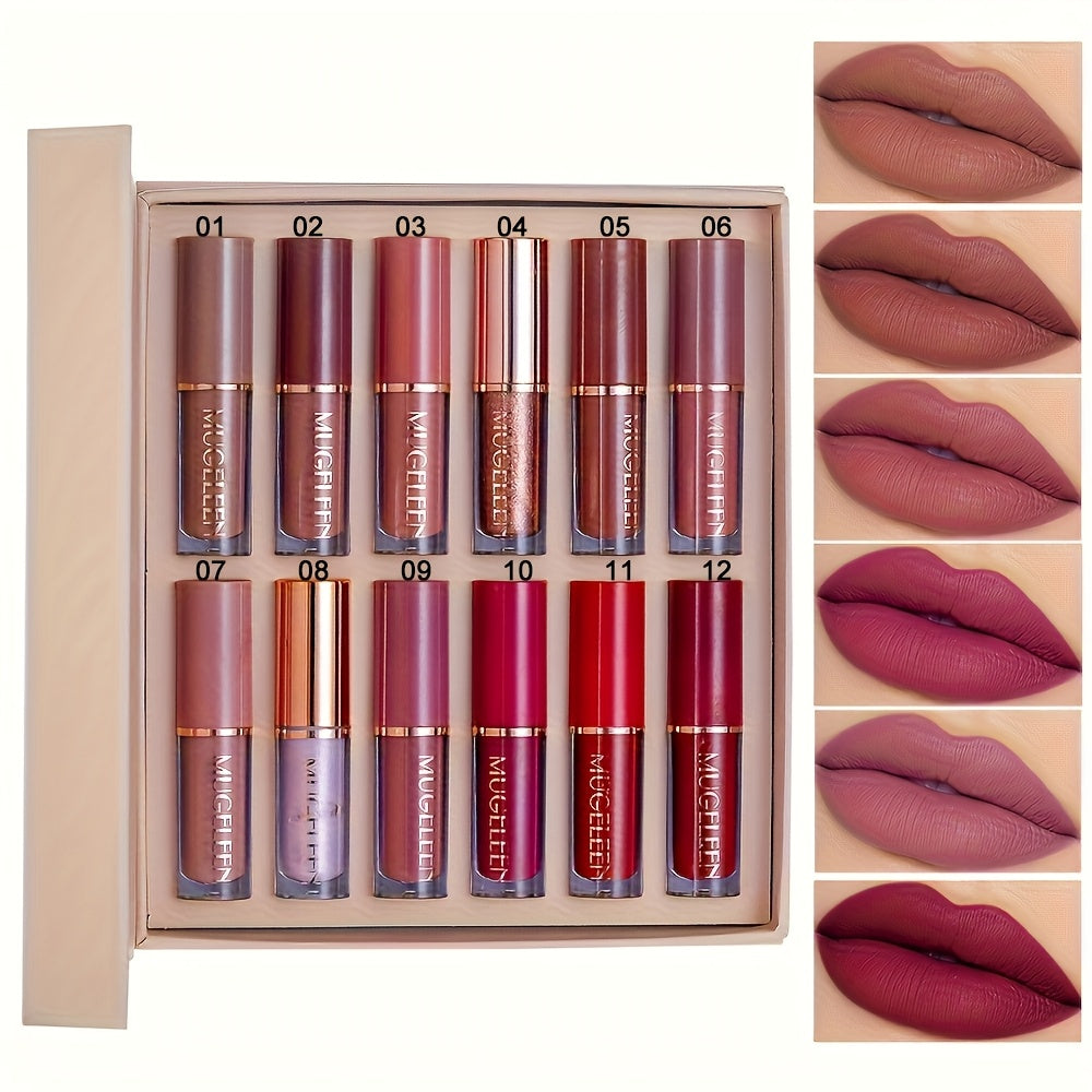[Mother's Day Gift] 12pcs Lip Gloss Set, Matte Lip Gloss Set, Matte Non Stick Cup, Non Fading Lip Gloss Set, Mother's Day Gift