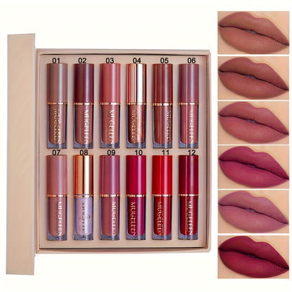 Lip Gloss Set 12 Pcs Matte Non-Stick Non-Fading Long-Lasting Lip Gloss Kit, Assorted Colors Liquid Lipstick Set, Beauty Gift for Women & Girls