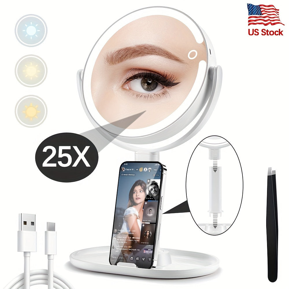 Lighted Makeup Mirror with 25X Magnification - 80 LED Vanity Mirror with 3 Color Lighting Modes, Touch Control, 2-Sided 8 Inch Rechargeable Makeup Mirror for Women, 2000mAh Battery