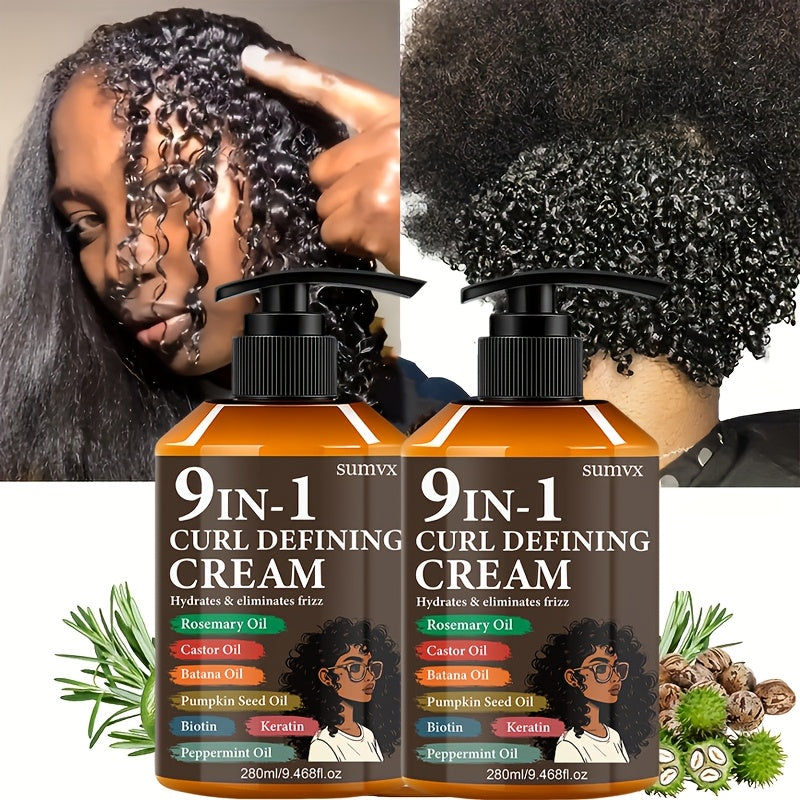 2pcs-9.468fl.oz, 9-in-1 Curl Defining Cream | Moisturizing, Adult Curl Styling Cream | 1 Bottle, Long-lasting Hold, Frizz Control, Non-greasy, for Styling Normal, Wavy And Curly Hair, Stylish Bottle Design, Suitable for Both Men And Women.