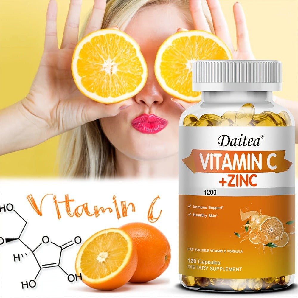 120 Softgels Vitamin C With Zinc Supplement | 1200mg Vitamin C, 20mg Zinc for Immune Support - DAITEA Brand