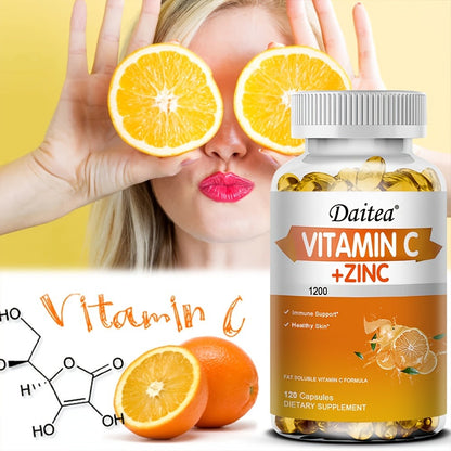 Vitamin C with Zinc Supplement — 1200mg Vitamin C & 20mg Zinc for Immune Support, Antioxidant Defense & Skin Health, 120 Softgels Daily Formula