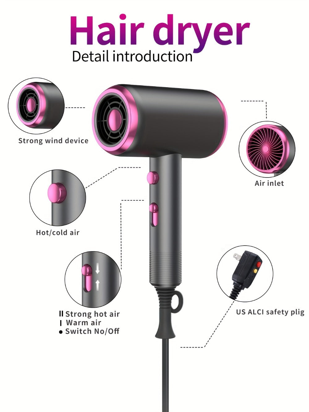 Professional Ionic Hair Dryer, Powerful 1600W Quick Dry Low Noise Hair Dryer with 2 Concentrator Nozzles 1 Diffuser Attachment 3 Combs One Multi-Purpose Hanger for Home Salon Travel (Gray, White, Red, Green, Purple, Pink)