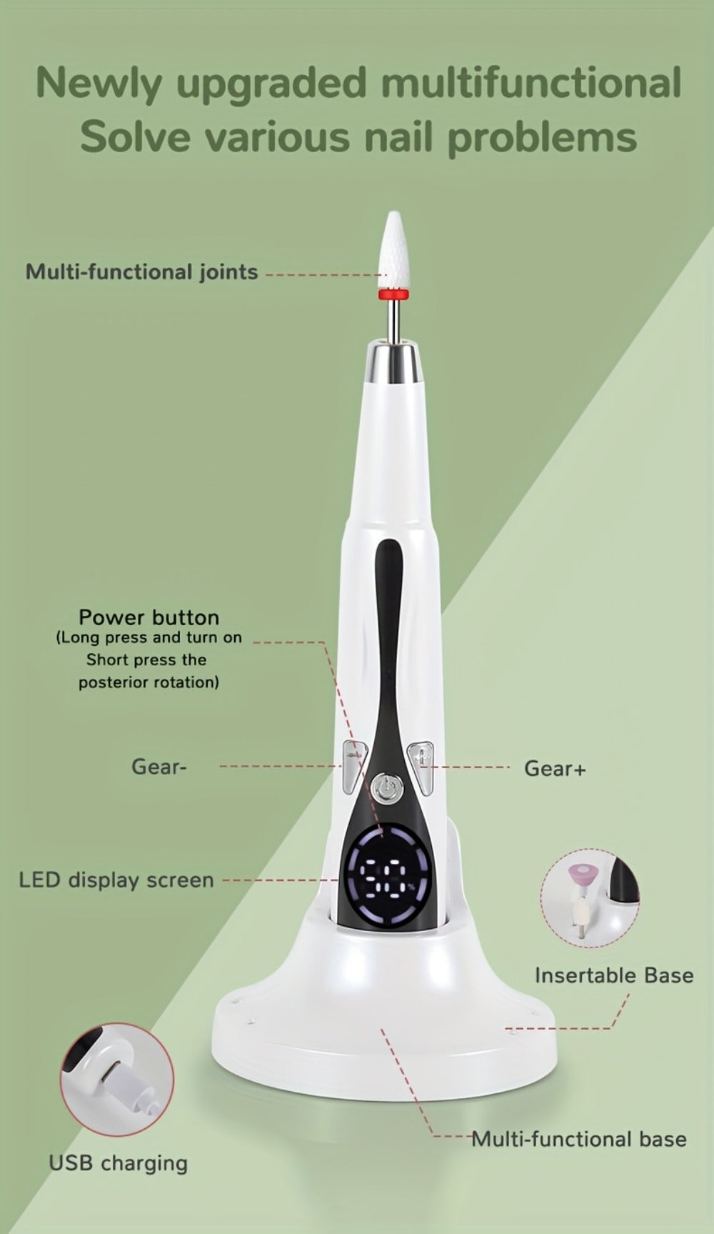 2025 Enhanced Electric Nail File, Featuring 12 Grinding Tips, Compact Home Manicure with Stand