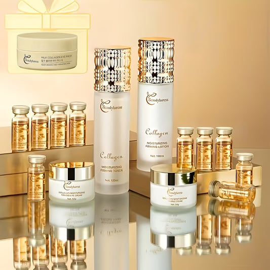 A Luxurious 14-Item Collagen Skincare Collection for Women, Designed to Hydrate And Firm The Skin with Sodium Hyaluronate And Niacinamide. It Offers Deep Moisture And Brightening Effects, And Comes in a Perfect Gift Box That Includes a Face Toner
